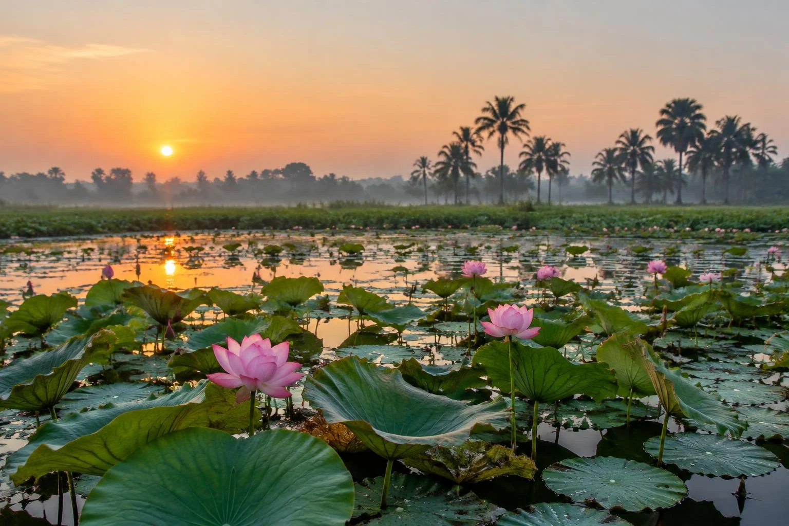 Lotus ponds at sunrise in the Bihar countryside, the inspiration for Munch Misty