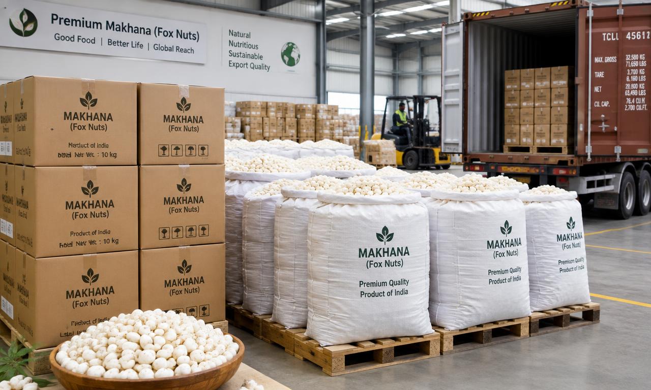 Bulk makhana sacks and cartons in a warehouse