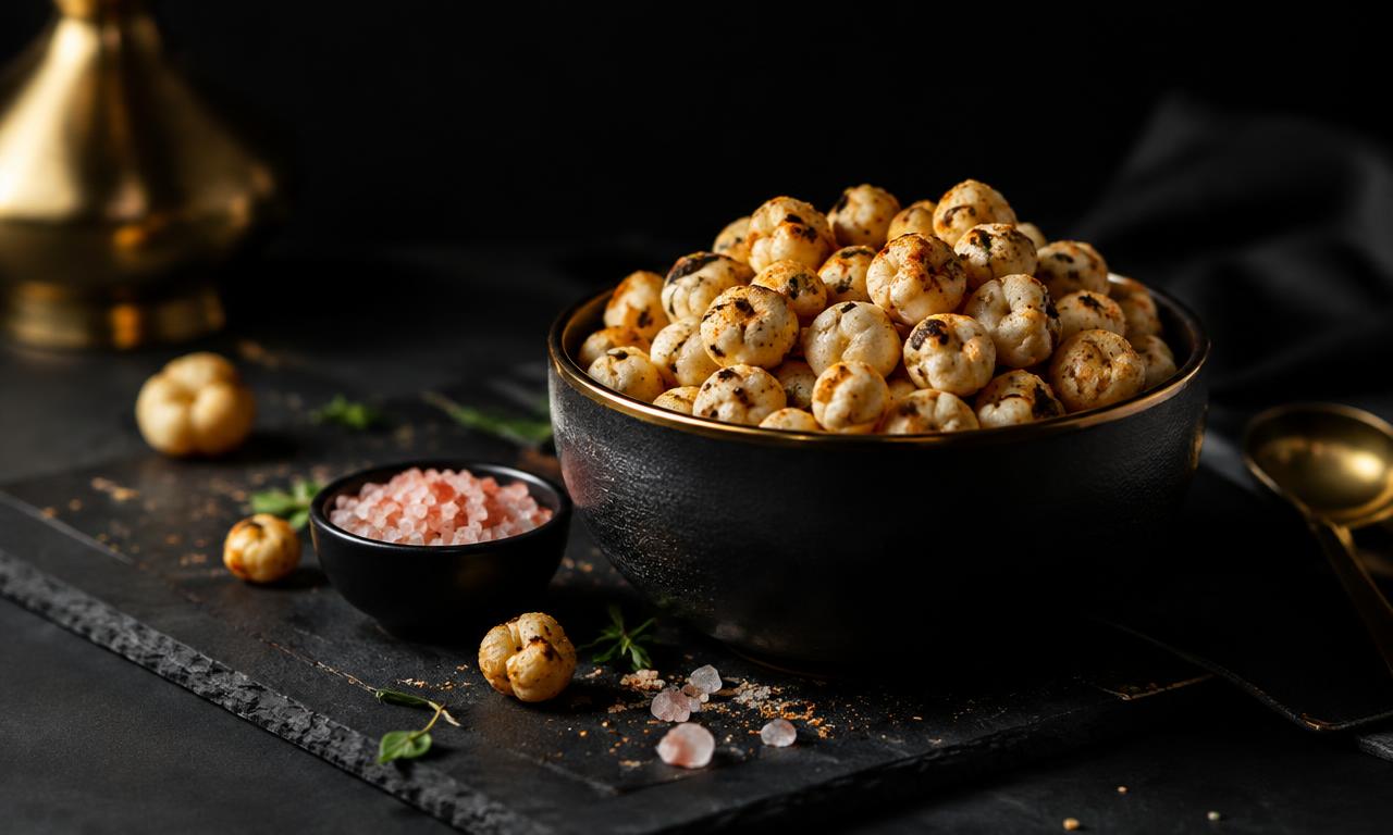 Roasted makhana with Himalayan salt and spices in a dark bowl